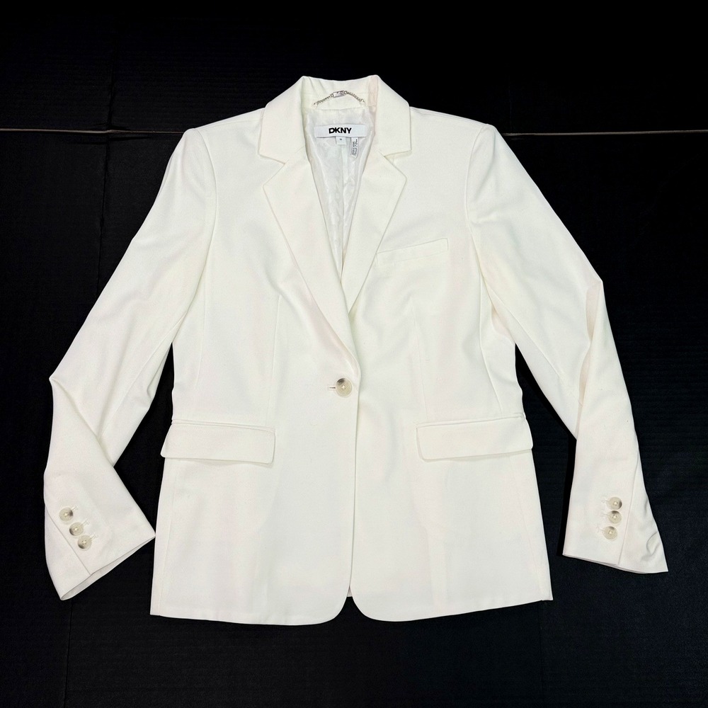 DKNY Blazer Jacket Women 10 M White Long Sleeve Coat Single Button Office Career